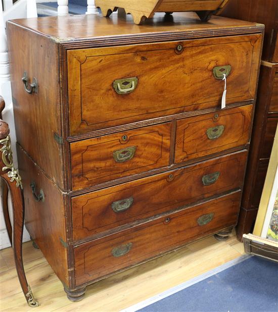 A Victorian colonial teak secretaire campaign chest W.90, D50cm, H.105cm